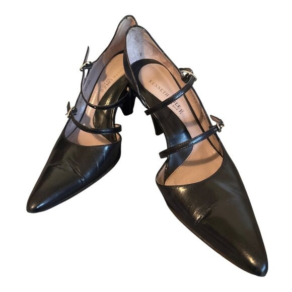 Women's Black Leather Shoe Kenneth Cole Strappy High Heels 7 1/2 Vamp Italy - Picture 4 of 10